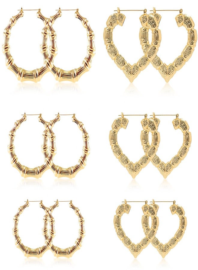 Bmpzery 6 Pairs Gold Hoop Bamboo Earrings Set,Different Sizes and Shapes Earrings for Women 90s,Fashion Hollow Casting Earring Accessories,Women 90s Earring Accessories for Mothers Day Gifts - Image 1